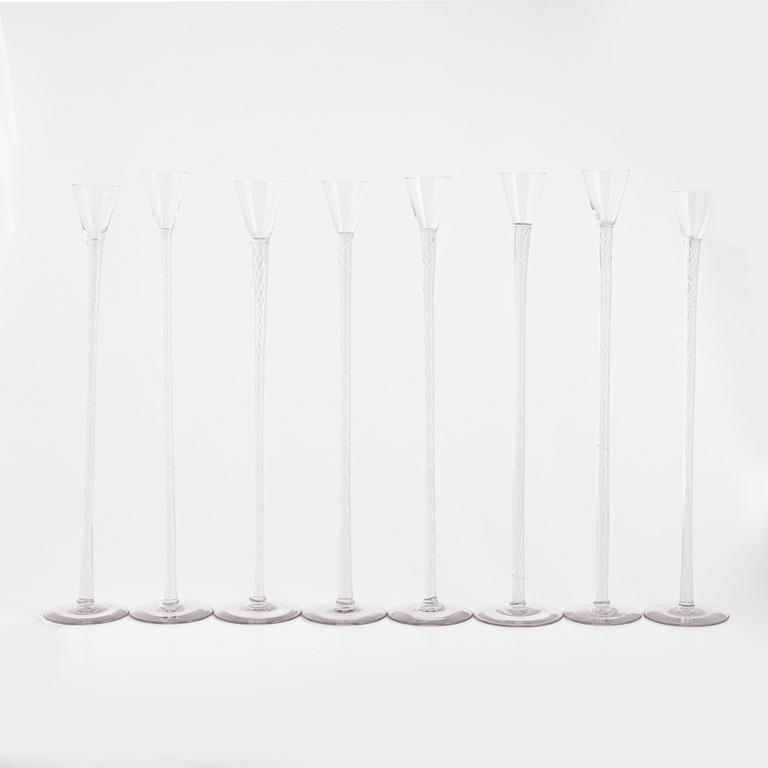 Eight tall hand blown glasses, 20th century.