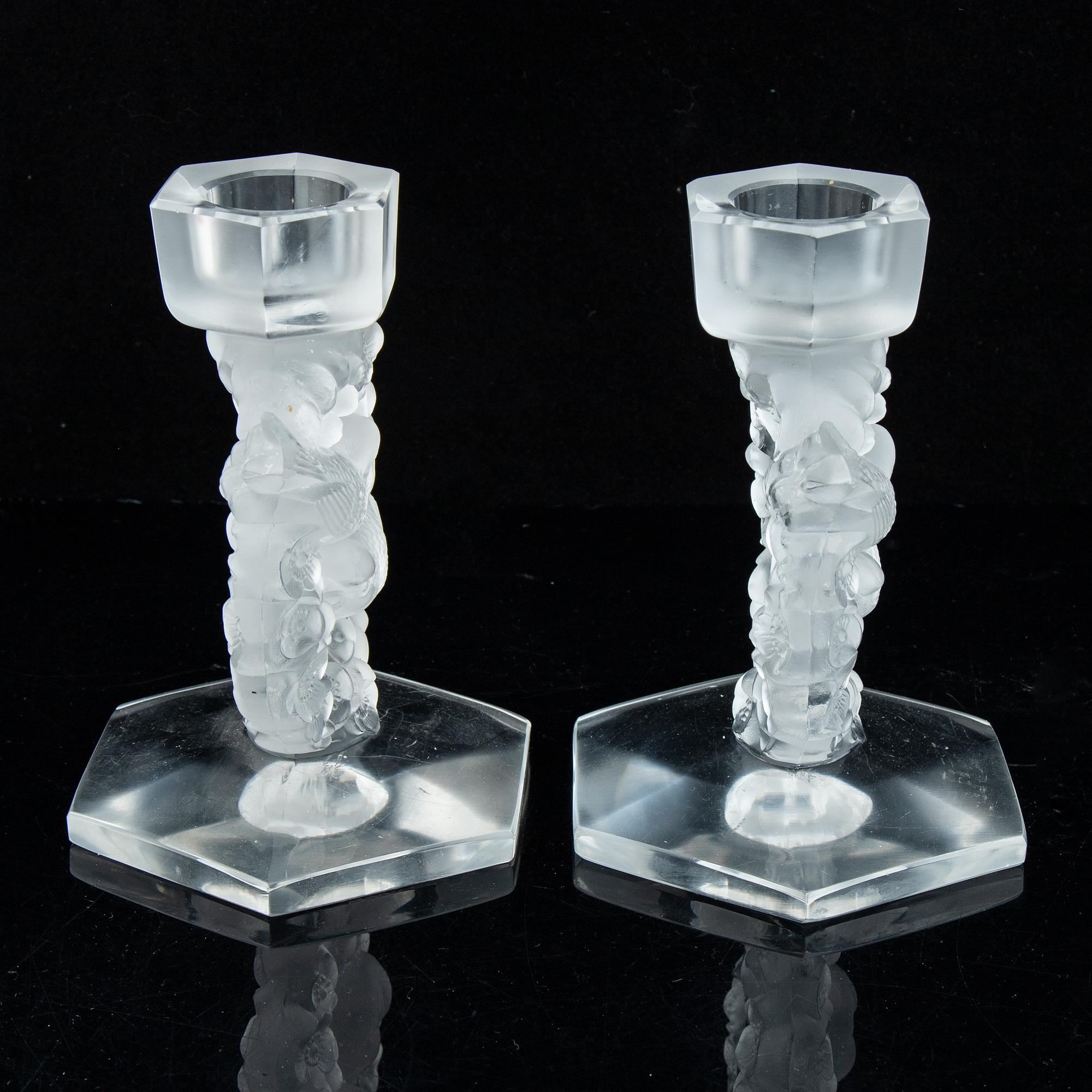 Lalique, a pair of glass candlestick, signed Lalique France, second half of the 20th century.