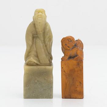 Two pieces of carved agalmatolite, sculpture and seal,one with stamp. China, mid-20th century.