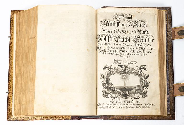 Karl XII:s stora kyrkobibel, 1702-3, med Peringskiölds bibliska historia, 1713.