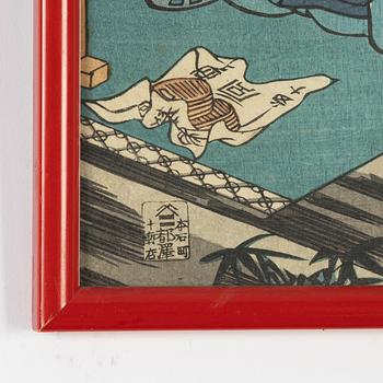 Utagawa Kunisada och Utagawa Kuniyoshi, färgträsnitt, 2st, Japan, 1800-talets mitt.