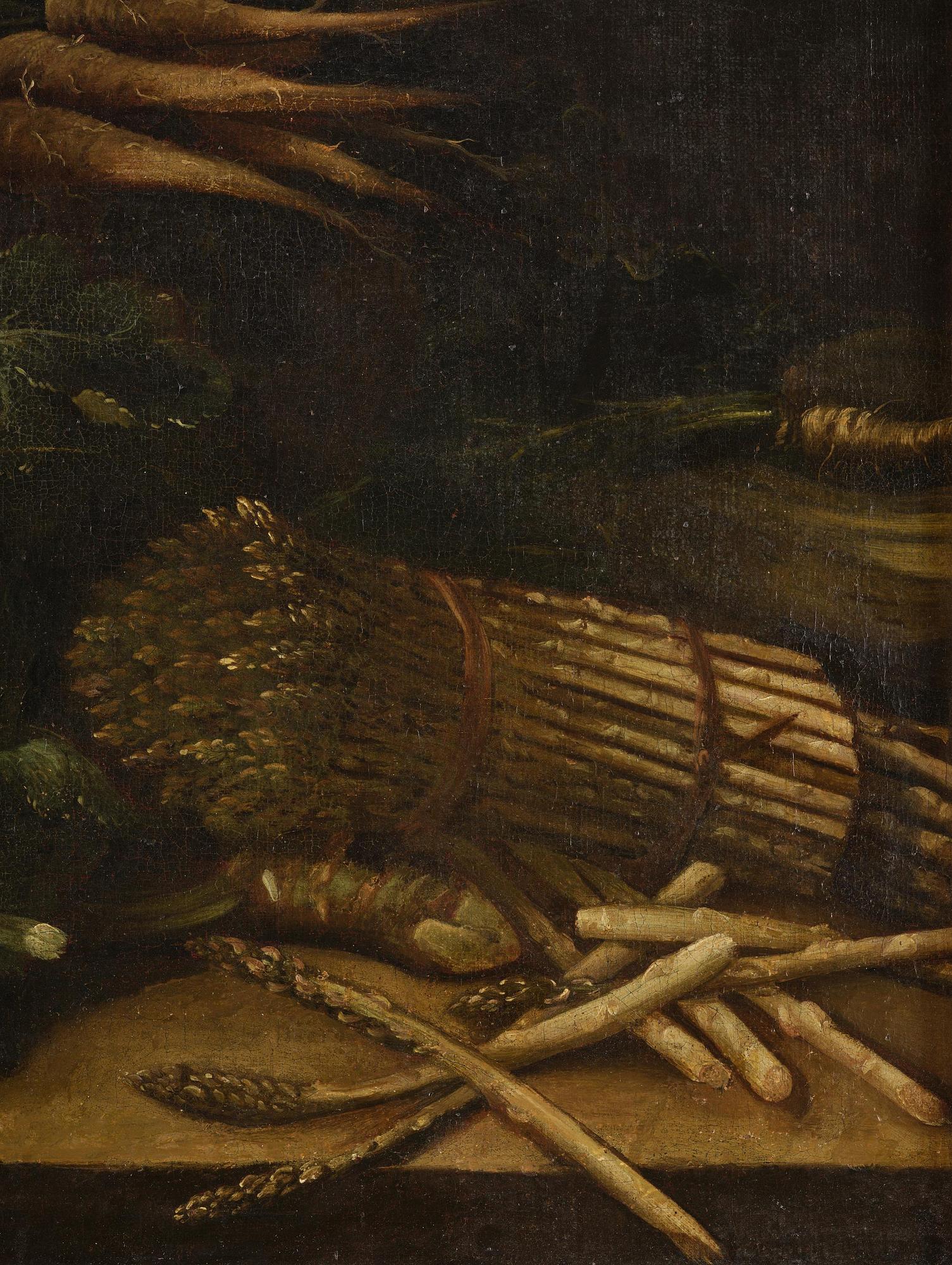 Simone del Tintore, follower of, Still life with asparagus, mushrooms, cauliflower, and turnips.
