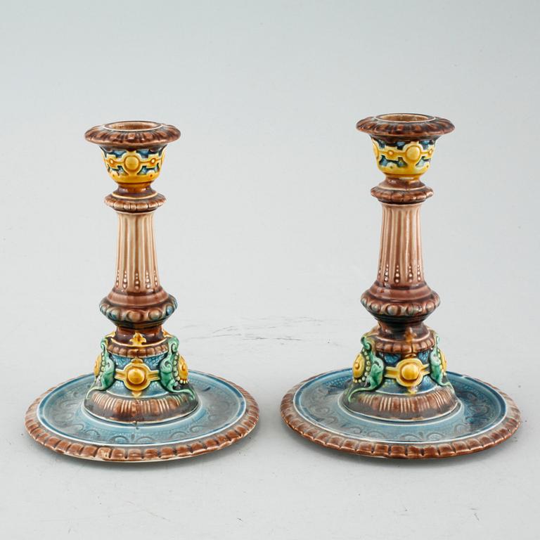 A pair of majolica candle holders from Rörstrand, made in the second half of the 19th century.