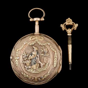 FICKUR, spindelur, Le Moir à  Paris, 1700-tal, guld. Totalvikt ca48g.