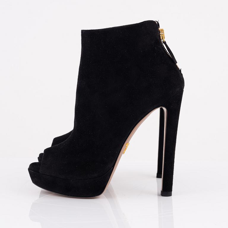 Prada, a pair of black suede peep toe boots, size 36.