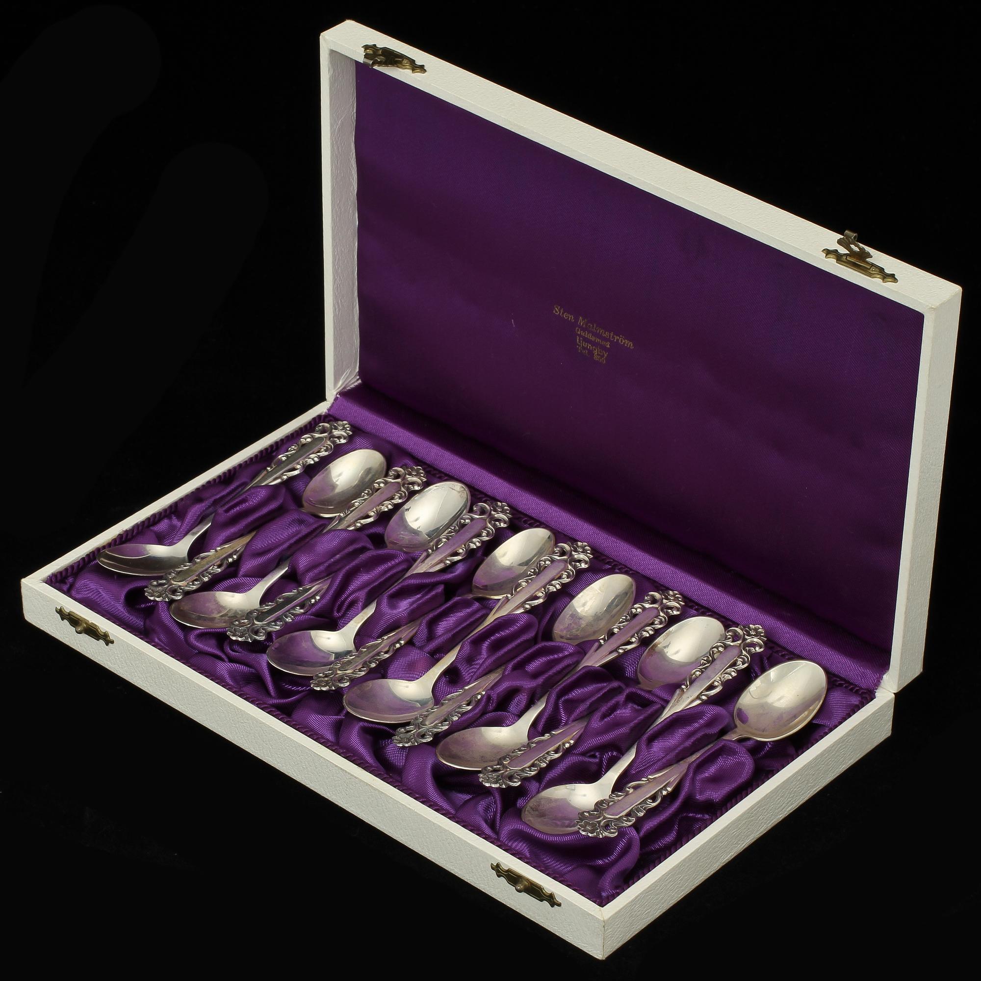 KAFFESKEDAR, 12 st, silver, KSM, Vetlanda, 1957. Vikt 158 g.