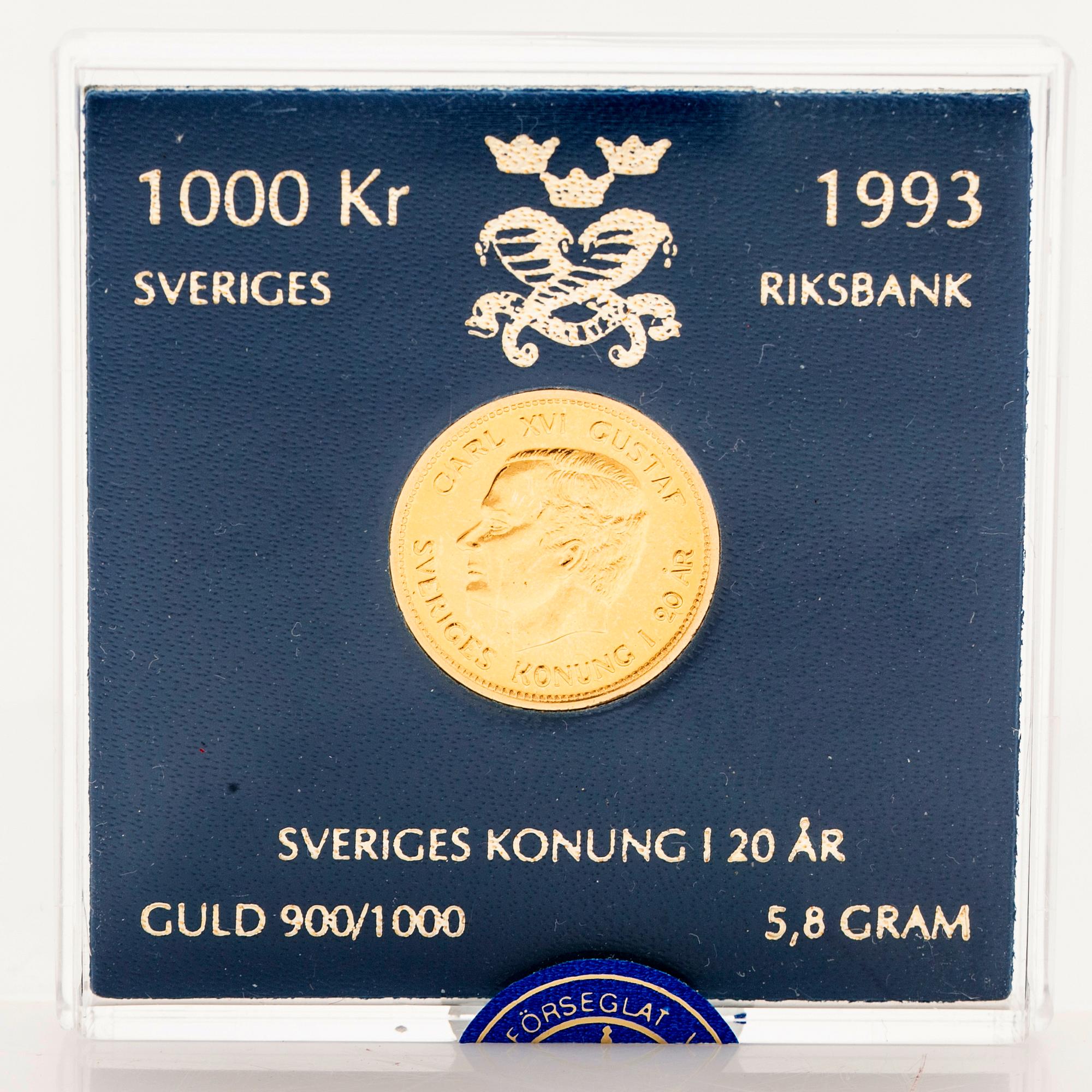Gold coin, 21.6 carat, King of Sweden for 20 years, “SEK 1,000”, Sveriges Riksbank, 1993.