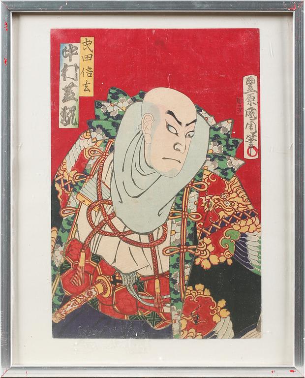 Five Japanese woodblock prints, including Chikanobu, 19 / early 20th century.