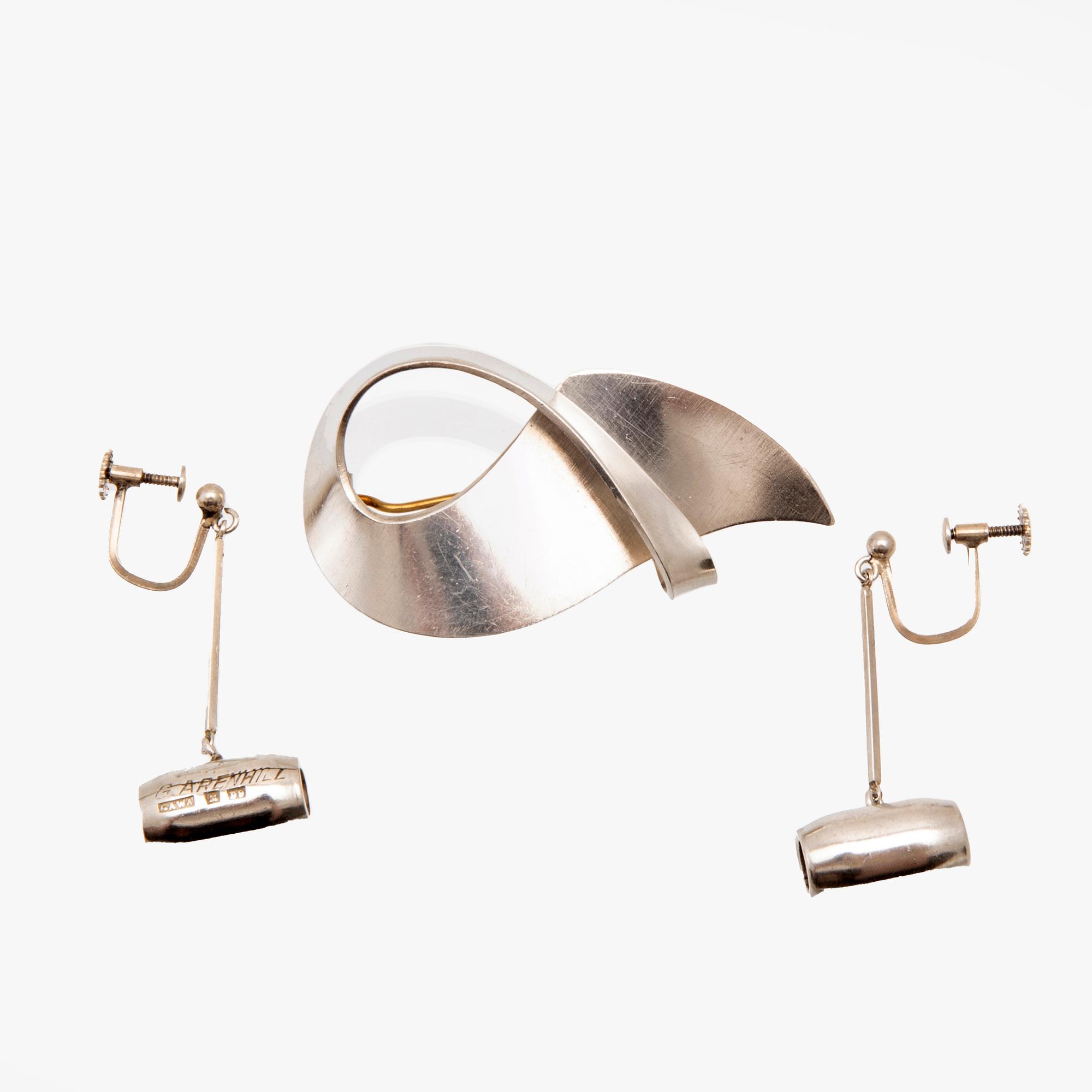 Gustaf och Elon Arenhill, brosch och ett par örhängen silver, Malmö 1954 och 1959.