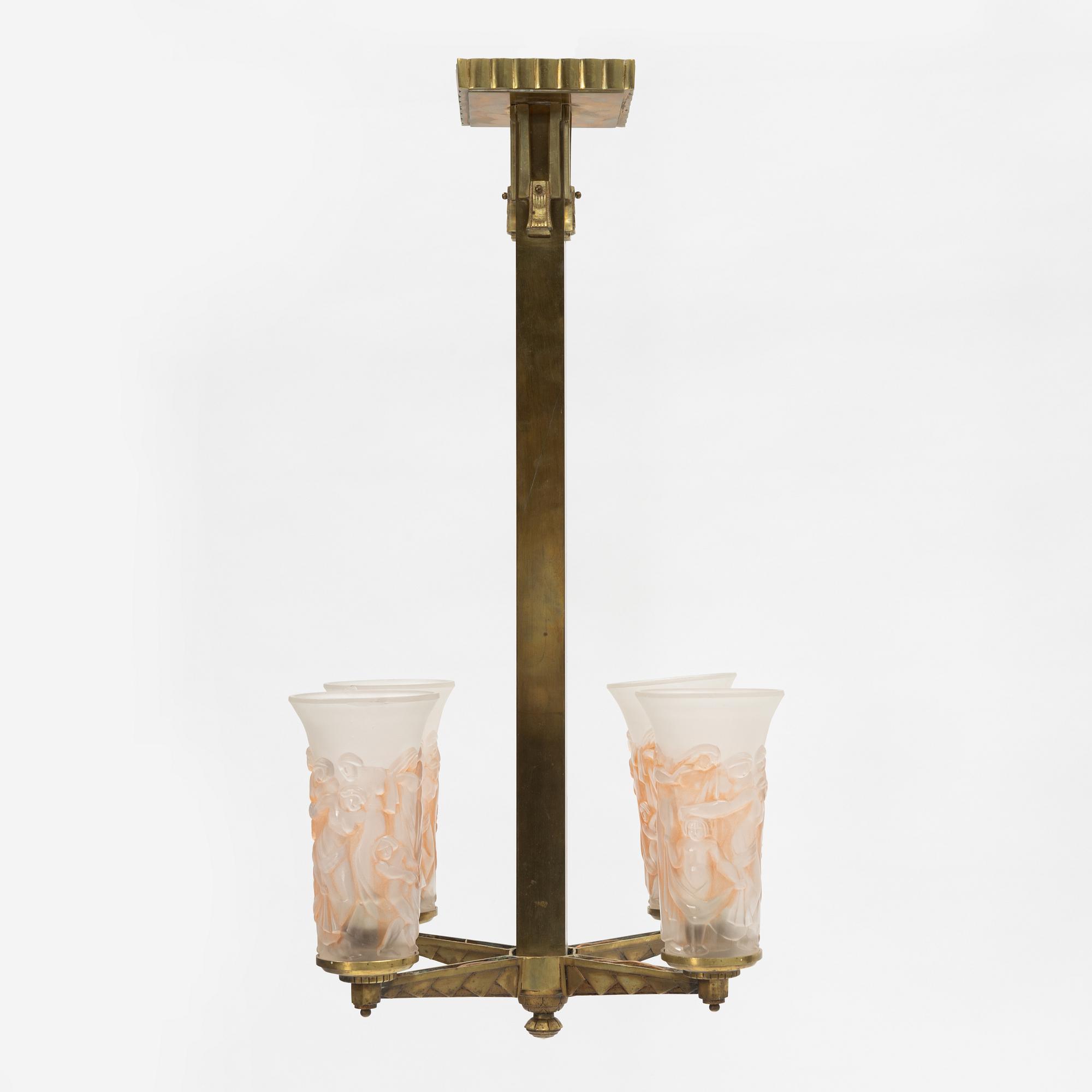 A brass and glass Art Deco ceiling light, probably France, first half of the 20th Century.