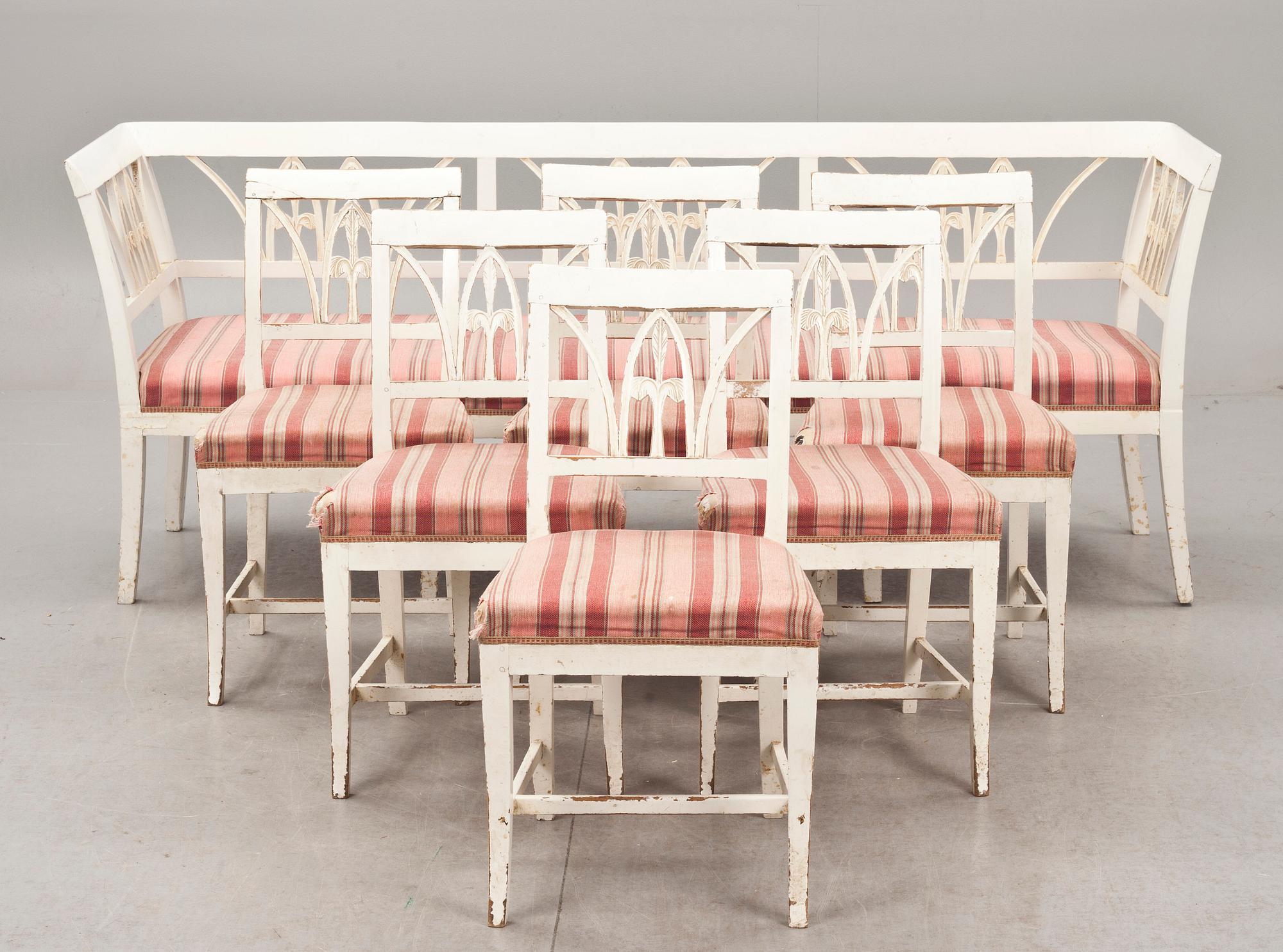 SOFFA MED STOLAR, 1+6. Sengustavianskt Lindome, 1800-talets början. Brännmärkt INS.