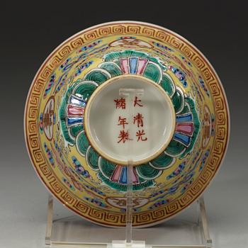 A famille rose yellow ground bowl, Qing dynasty, Guangxu six-character mark in red and of the period  (1875-1908).