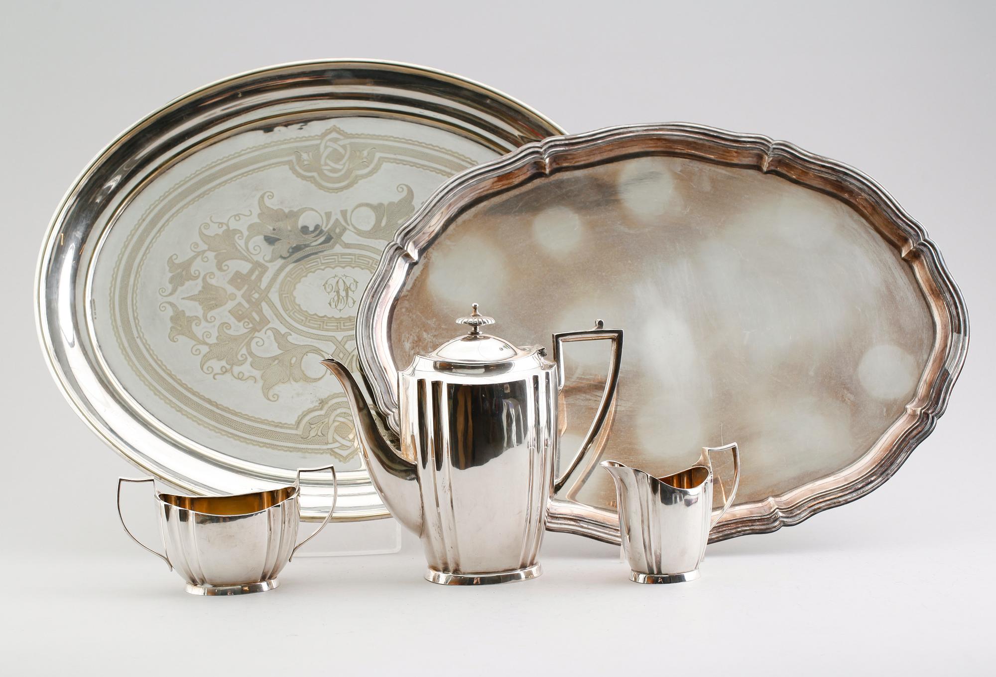 KAFFESERVIS, 3 delar samt BRICKOR, 2 st, nysilver, en märkt Dufva, 1900-talets första hälft.