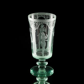 SKÅL, glas, Riihimäen Lasi, gravering möjligen Teodor Käppi, 1930-tal.