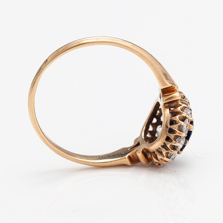 Ring, 14K guld, safir, gammalslipade diamanter ca 0.72 ct tot.
