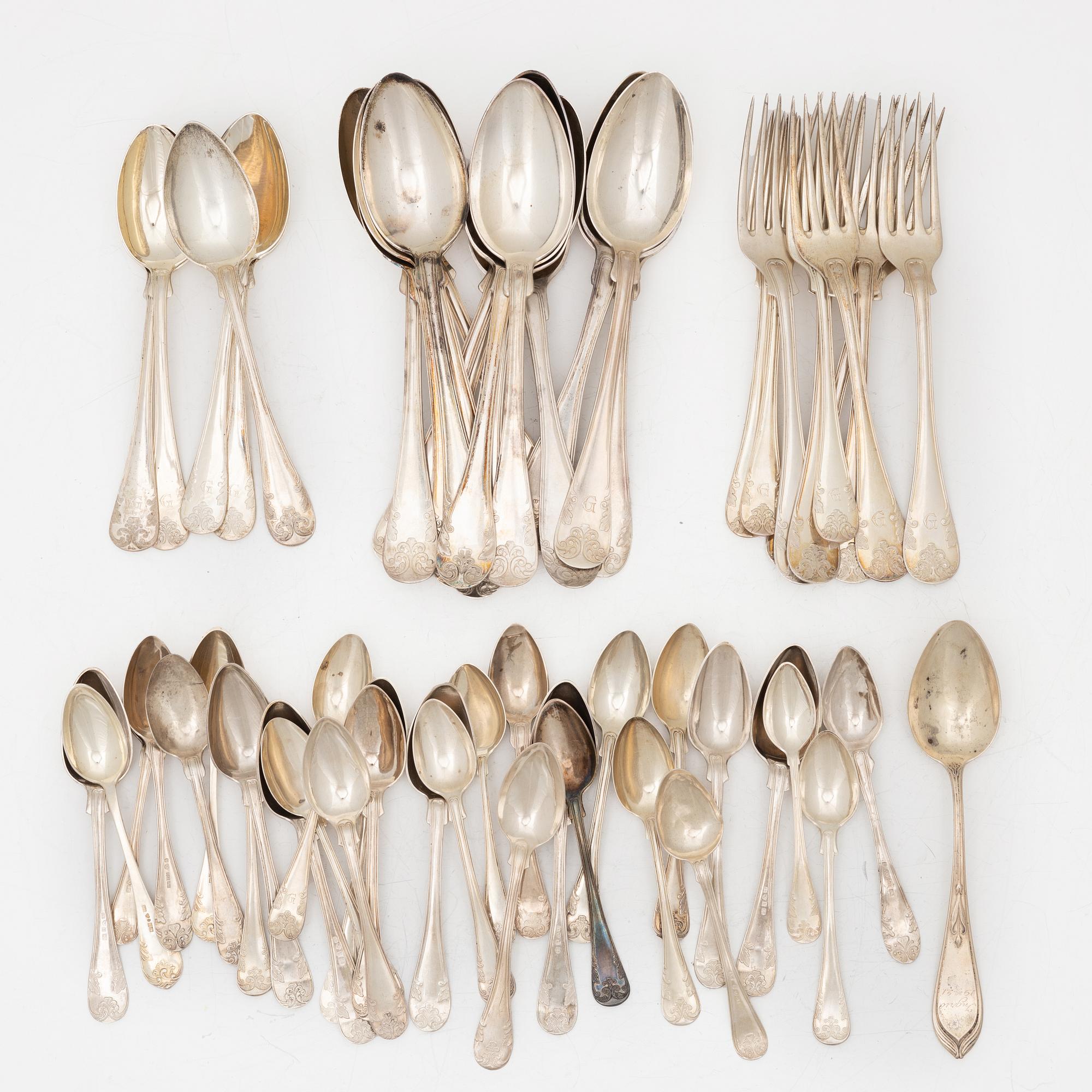 Cutlery, 58 pieces, silver, “Gammel fransk”, Sweden, including Johan Petter Ernander, Uppsala, 1832.