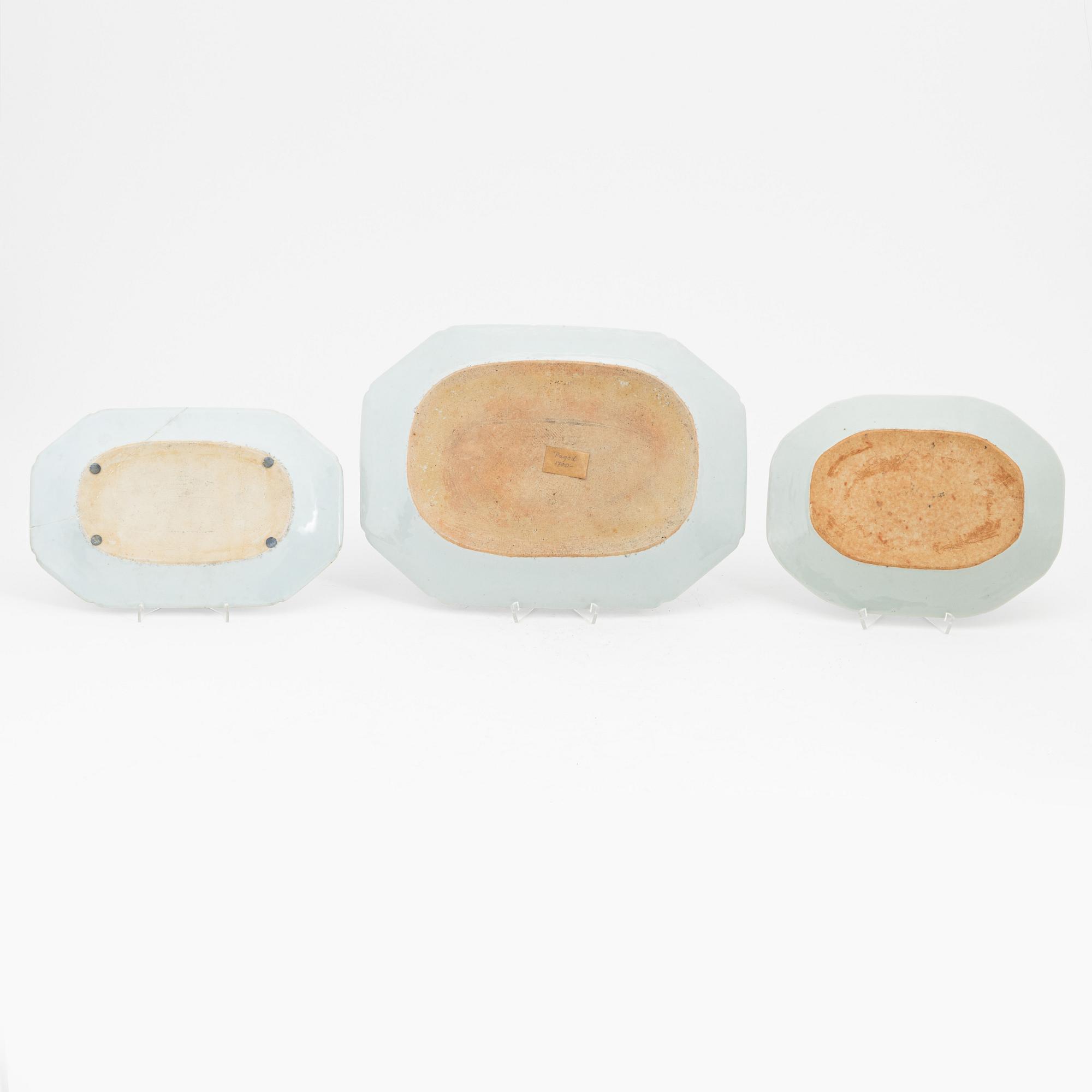 A group of three blue and white serving dishes, Qing dynasty, Qianlong (1736-1795) and Qingdynasty, 19th Century.