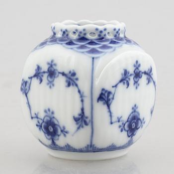 A group of two vases, two bowls and a candlestick, "Blue fluted full lace"/"Musselmalet", Royal Copenhagen.