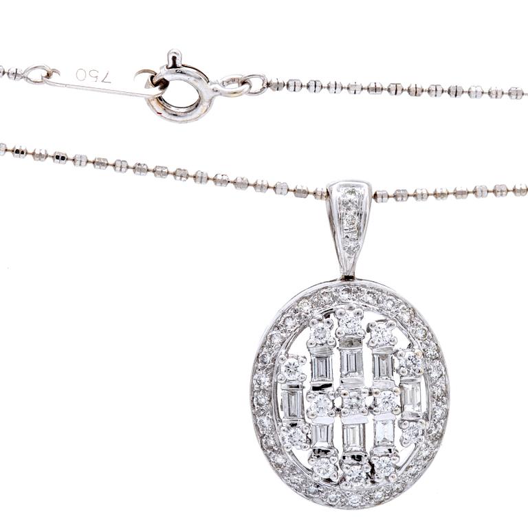 Pendant and chain, 18K whitegold, brilliant and baguette-cut diamonds approx 0,75 ct in total.