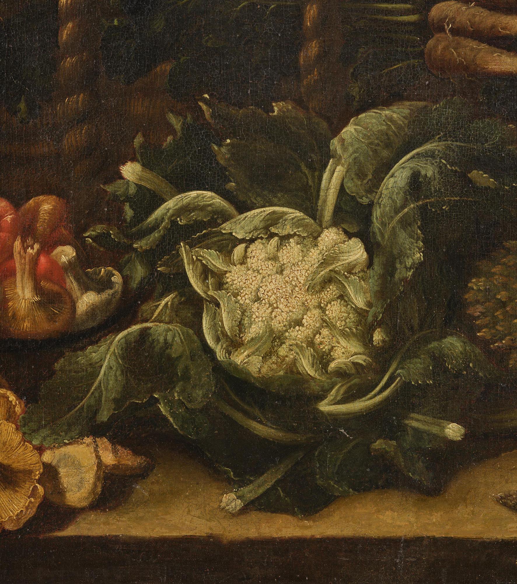 Simone del Tintore, follower of, Still life with asparagus, mushrooms, cauliflower, and turnips.