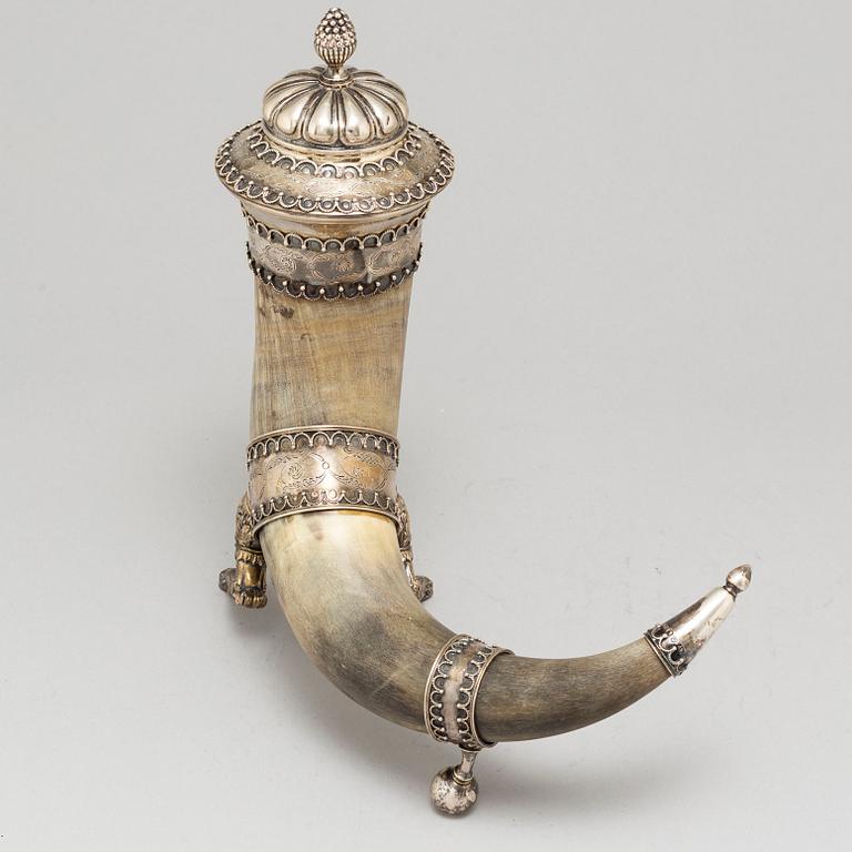 SAMUEL PETTERSSON, a silver and horn drinking horn, Linköping Sweden 1895.