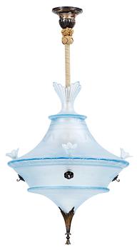 A Simon Gate light blue glass and silver plate chandelier by Orrefors, ca 1925.