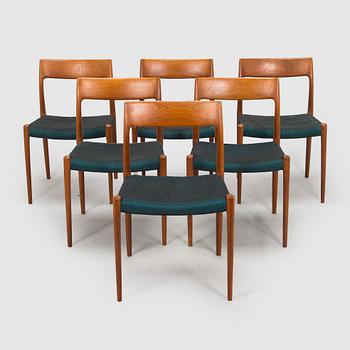 Niels Otto Møller, six model 77 taek chairs, J.L. Møllers Møbelfabrik, Denmark, 1960's.