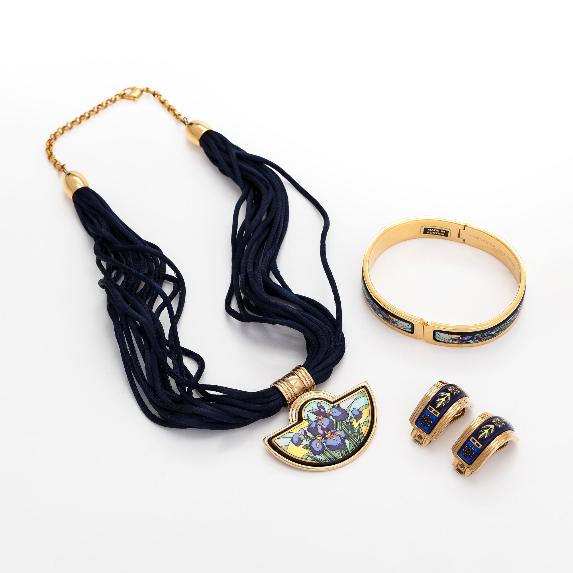 Michaela Frey, armband, halssmycke, örhängen, förgylld metall, emalj, Österrike.