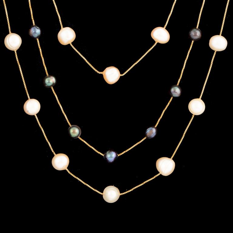 Two cultured pearl necklaces and cultured pearl bracelet.