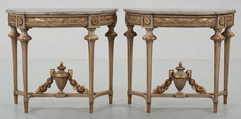 KONSOLBORD, två stycken. Gustavianskt samt  stil. Märkt 1902.