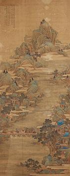 423. A hanging scroll of a river scene , in the style of Qiu Ying (1494-1551), late Qing dynasty (1644-1912).