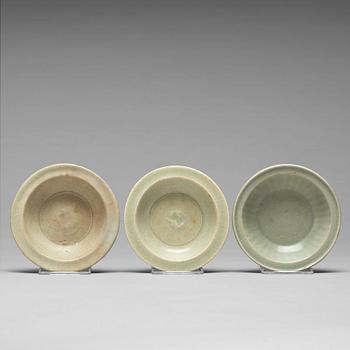 Three celadon glazed dishes, Yuan dynasty (1271-1368).