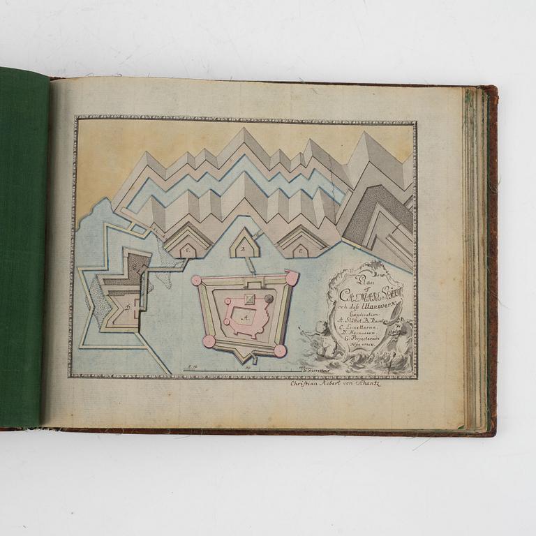 Album from 1746 with 22 watercolors of fortresses, a gift from Gabriel Cronstedt to the heir apparent Adolf Fredrik.
