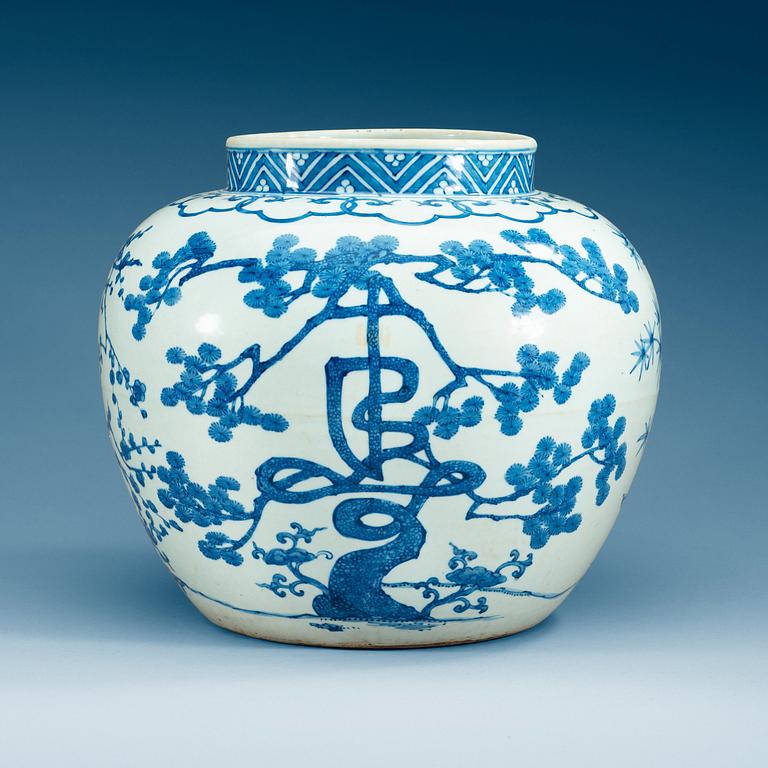 A blue and white jar, presumably mid 17th Century.