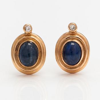 A pair of 14K gold earrings with sapphires and diamonds ca. 0.10 ct in total. Soviet union.