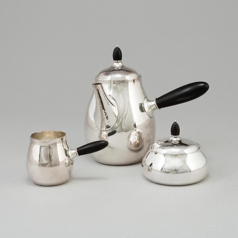 GEORG JENSEN, a three piece sterling silver coffeeset from Copenhagen, Denmark, mid 20th Century.