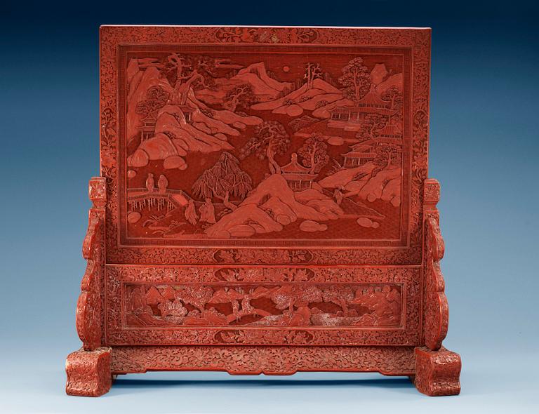 A red lacquer screen and stand, Qing dynasty, 18th Century.
