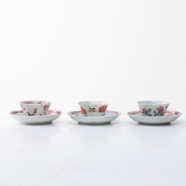 KOPPAR med FAT, tre stycken, porslin. Qingdynastin, Yongzheng (1723-35).