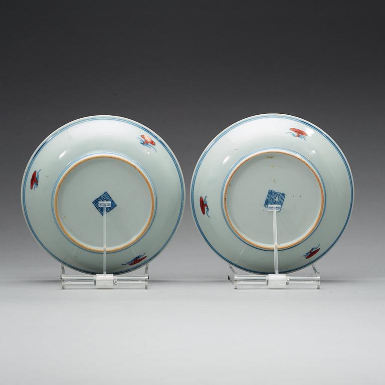 Two doucai lotus dishes, late Qing dynasty with Qianlong seal mark.