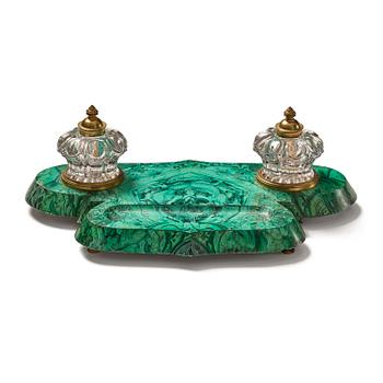 431. A Russian Alexander III malachite-veneered inkstand, late 19th century.