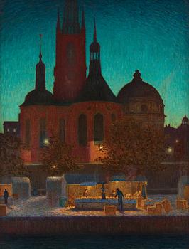 Pelle Swedlund, Nocturnal market scene, Riddarholm Church, Stockholm.