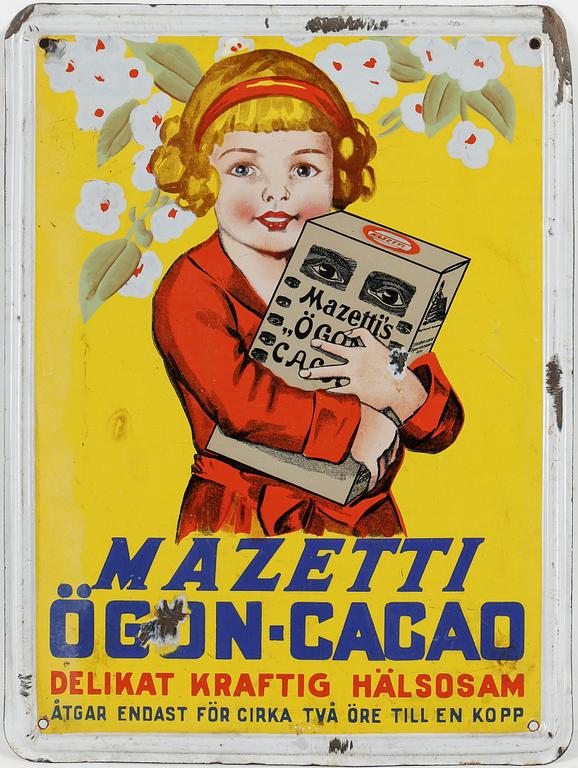 EMALJSKYLT, "MAZETTI ÖGON-CACAO", 1900-talets första hälft.