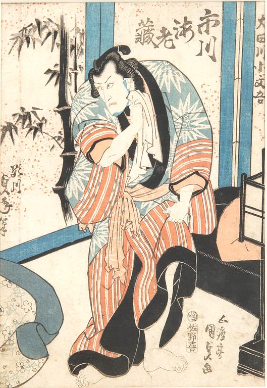 Utagawa Kunisada (Toyokuni III) färgträsnitt triptyk Japan 1800-tal.