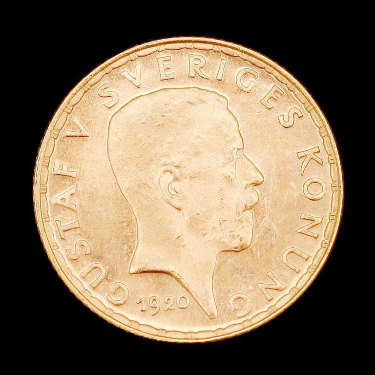 GULDMYNT, 5 kr, Gustaf V, 1920. Vikt ca 2 g.