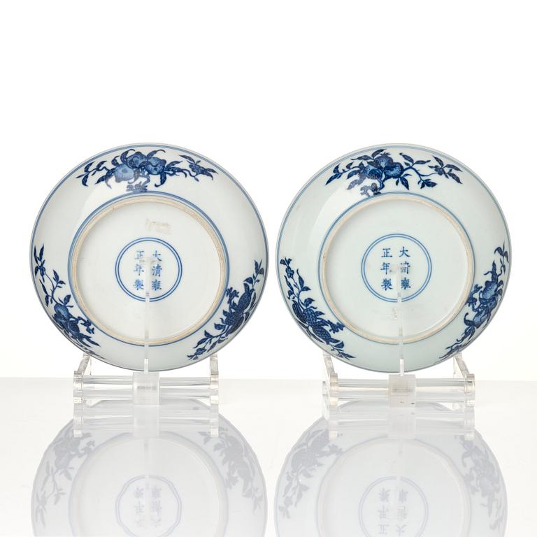 A pair of blue and white nine peaches dishes, China, presumably Republic, with Yongzheng mark.