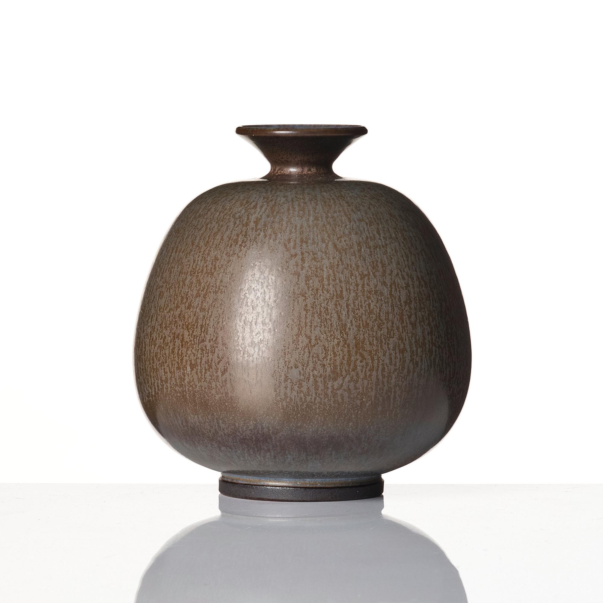 Berndt Friberg, a set of two stoneware vases and a bowl with rabbit's fur glazes, Gustavsberg Studio, Sweden, dated 1944-45, 1956, 1958.