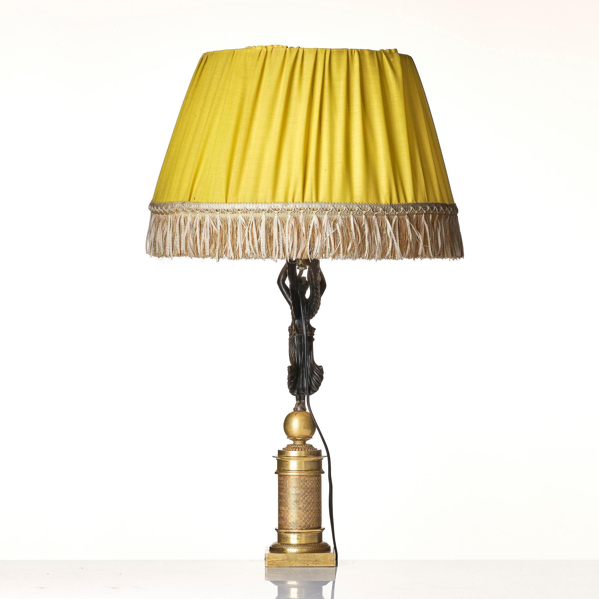 A French Empire ormolu and patinated bronze table lamp, early 19th century.