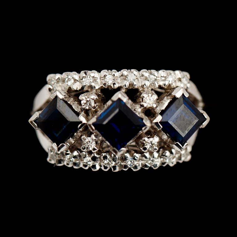 RING, 18 k vitguld, safirer och briljantslipade diamanter.