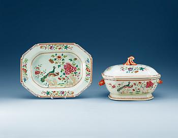 A famille rose 'double peacock' tureen with cover and stand, Qing dynasty, Qianlong (1736-95).