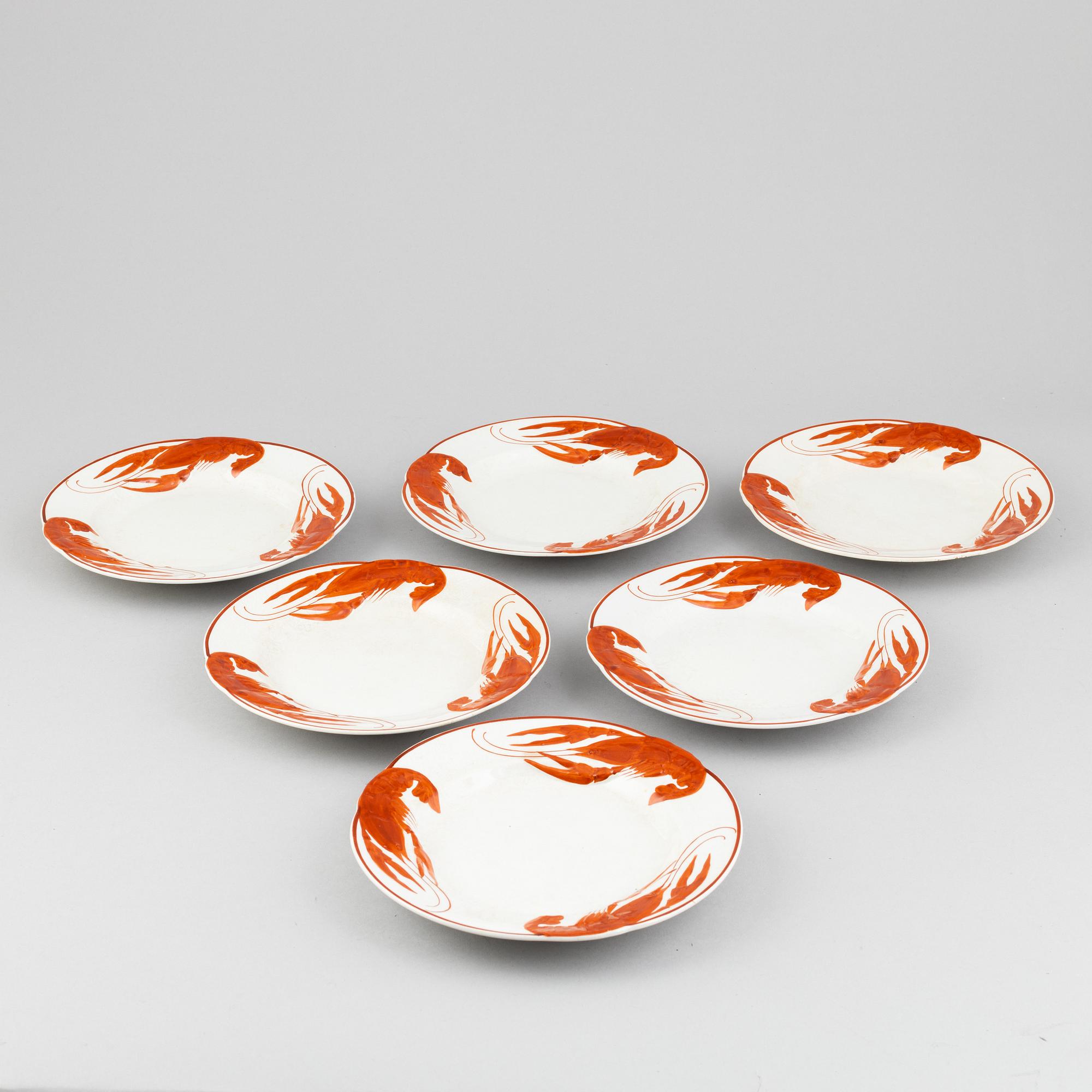 Alf Wallander, kräftassietter, 6 st, flintgods, Rörstrand, tidigt 1900-tal.